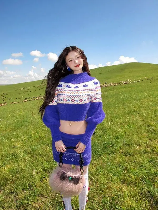 

Sexy Knitted Sweater And Skirt Set Shoulder Baring Floral Embroidery mid Weight Long Sleeve Autumn Wear for Young Women