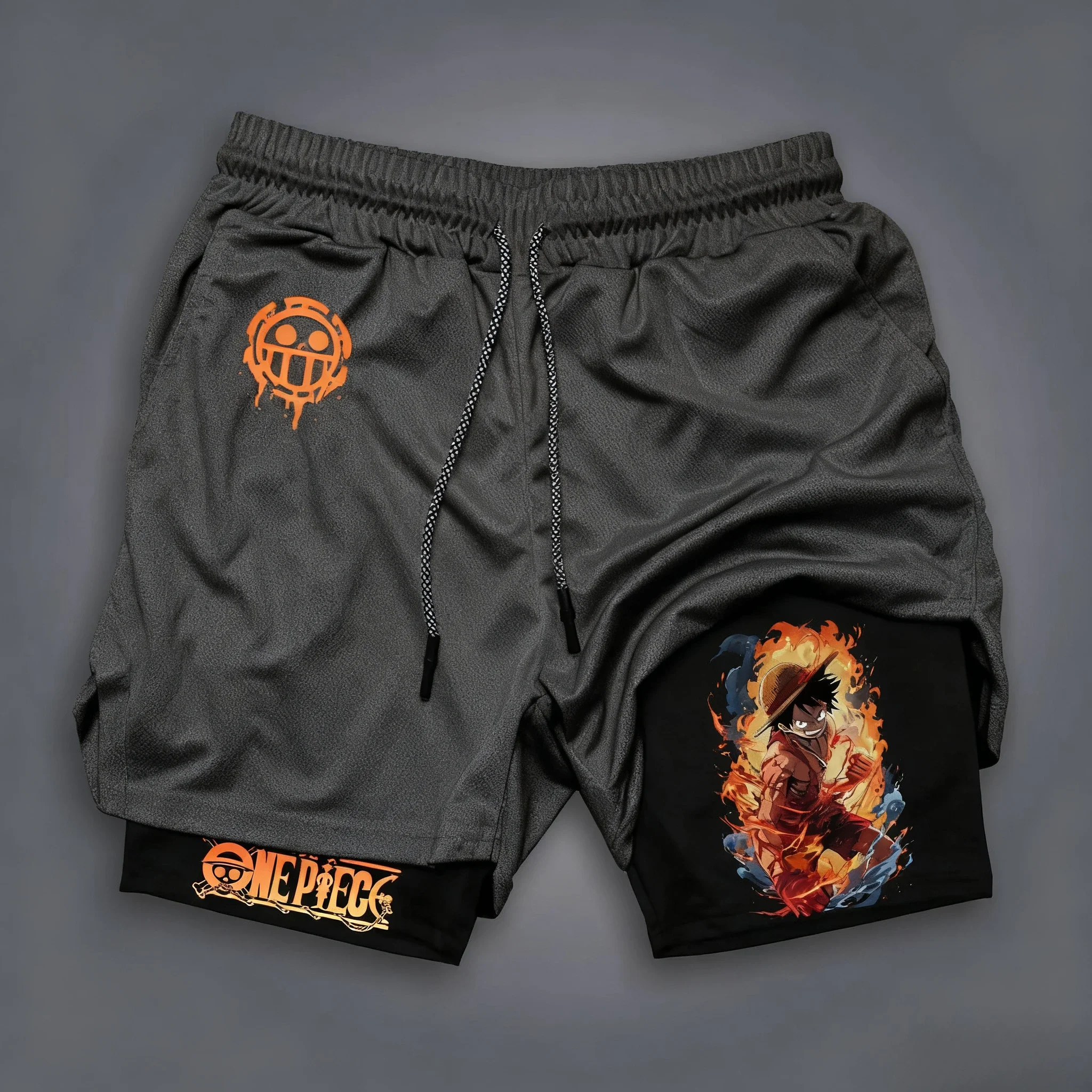 Pantalones cortos de entrenamiento de Anime One Piece Luffy para hombre y mujer, pantalones cortos transpirables de doble capa para Fitness, ropa de calle de secado rápido, ropa deportiva 2025