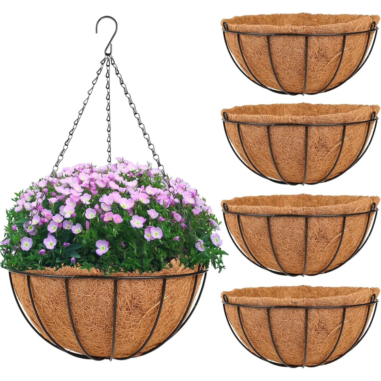 

12 Inch Hanging Planter with Coco Liners - 4 Pack Metal Flower Pots for Indoor Outdoor Garden Porch Decoration with Chain Hook