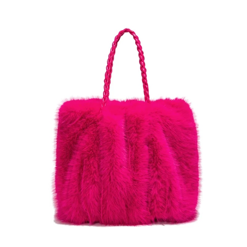 

Winter Large Capacity Soft Faux Fur Shoulder Bag Design Soft Fluffy Plush Pleated Tote Woven Shoulder Strap Daily Commute Bag