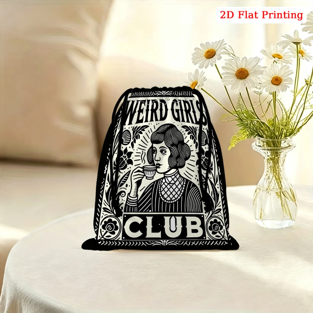 1Pc Vintage Style Drawstring Bag Black And White Weird Girl Club Print Storage Small Pouch For Travel Gym Cosmetics Organizer Wo