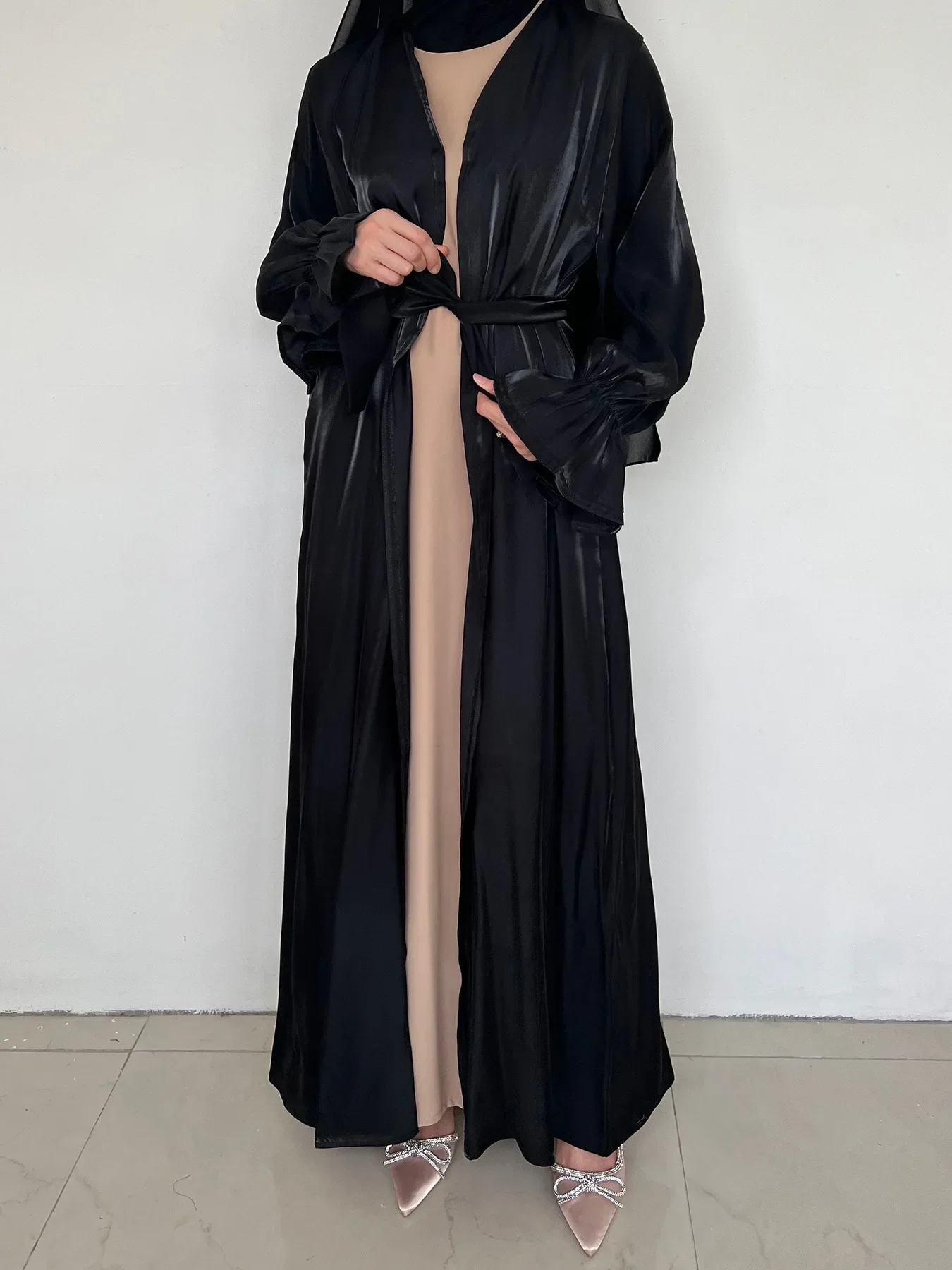 Morocco Dress Silky Abaya for Women Satin Maxi Abayas Long Sleeve Robe Caftan Dubai Black Cardigan Longue Vestidos Largo Abayas