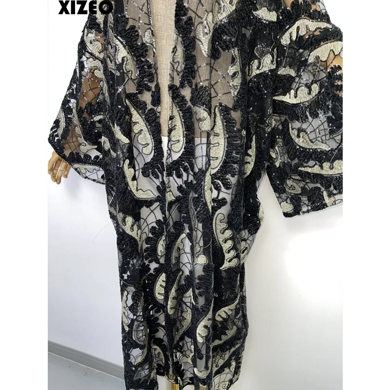 XIZEO Verão Mulheres Cardigan stitch moda sexy Boho Holiday tamanho livre Manga longa Silk sentimento Robe elegante kimono kaftan