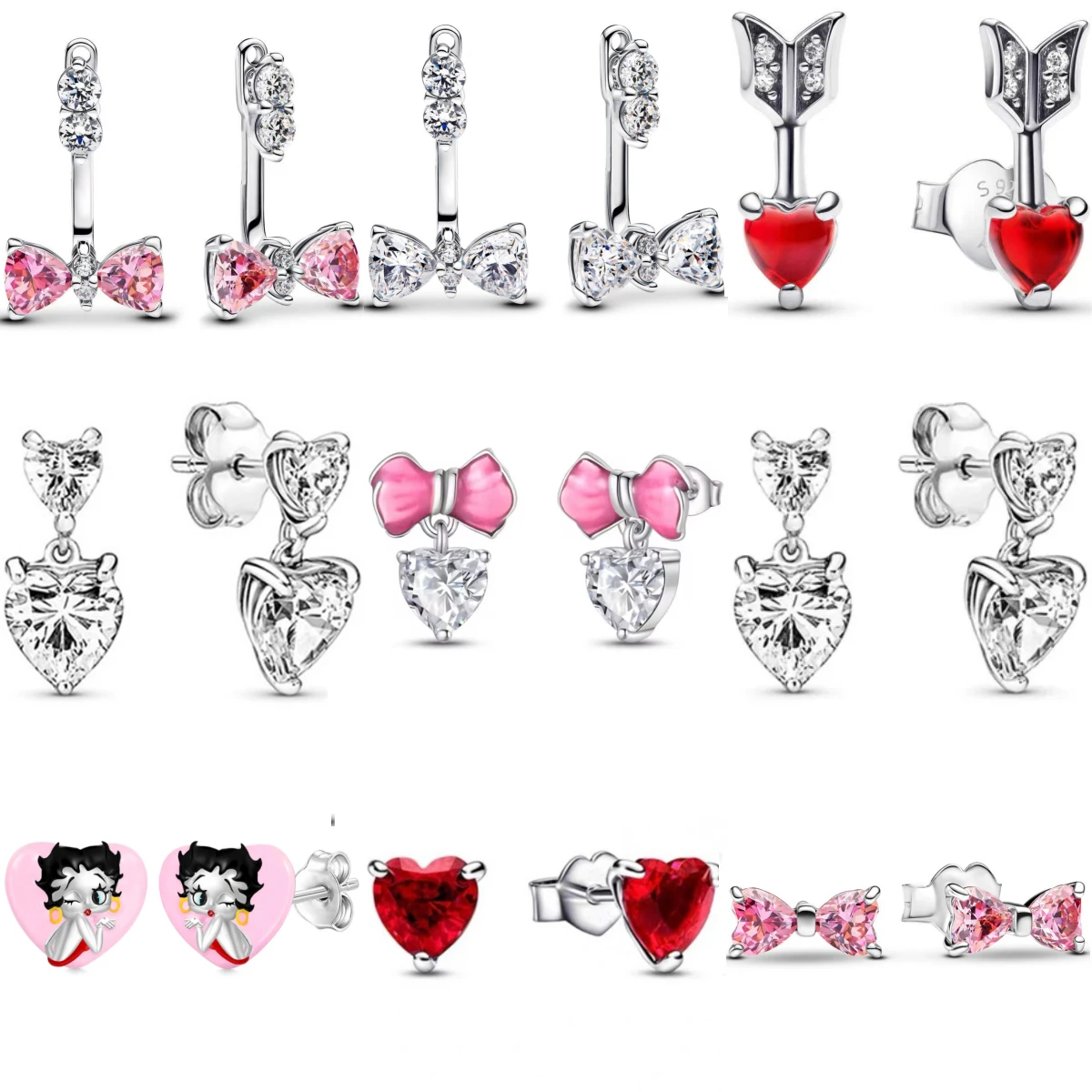 New 925 Sterling Silver Red Arrow Pink Bow Small Earrings For Women Original DIY Wedding Engagement Jewelry Gifts