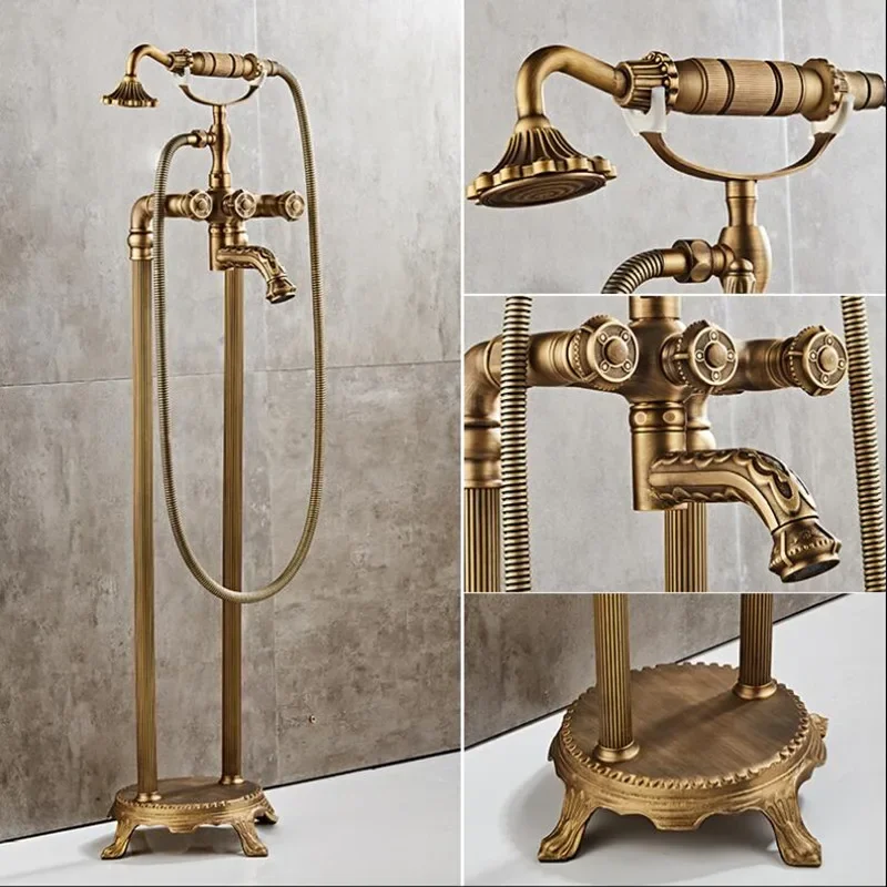 

Floor standing Carved Bathtub Faucet Tub Filler Fashion Antique Brass Floor Mount with Hand shower Bathtub Mixer Taps