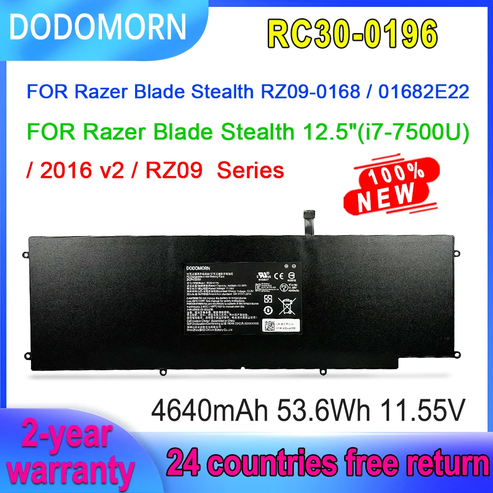 

DODOMORN 53.6V Laptop Battery For Razer Blade Stealth 2016 V2 2017 i7-7500U Series RC30-0196 3ICP4/92/80 11.55V Fast Delivery