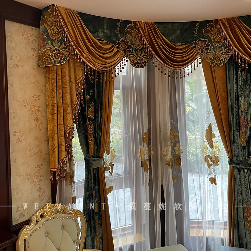 Custom luxury villa window bedroom European American retro velvet green cloth valance blackout curtain tulle drape C1972