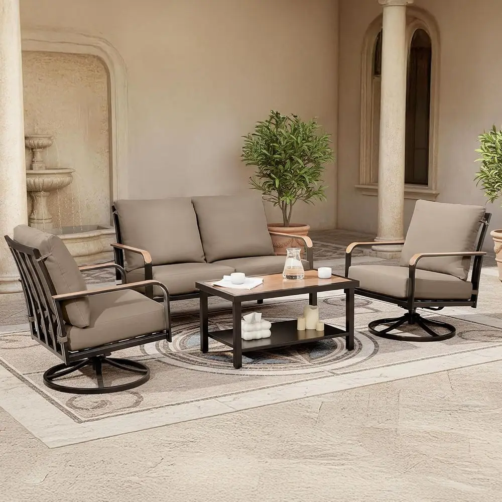 

Комплект садовой мебели из 4 предметов: диван, вращающиеся кресла-качалки с высокой спинкой, двухуровневый стол и 6 подушек