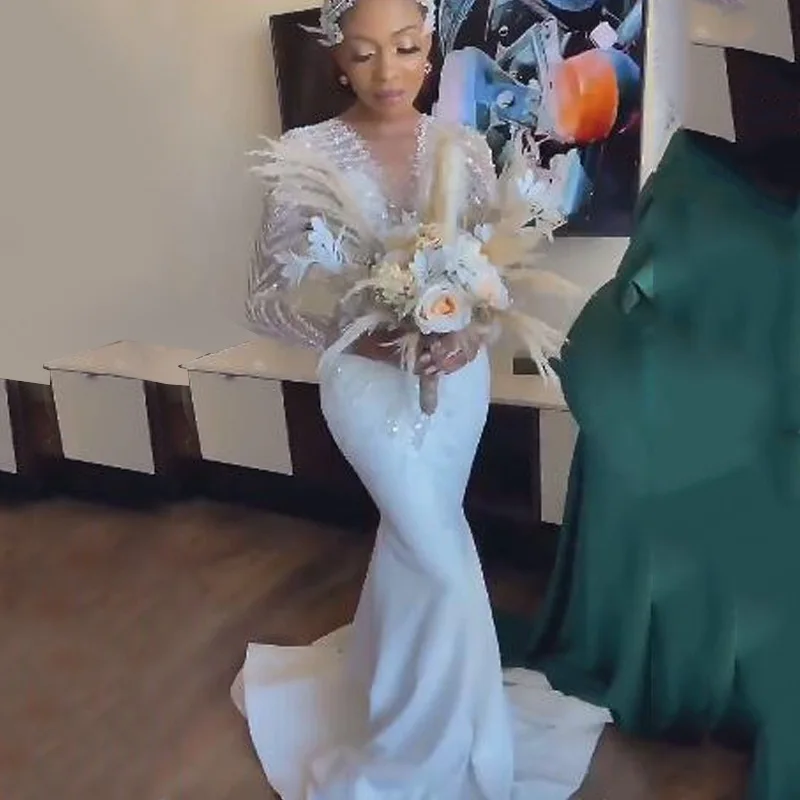 Robe de mariée africaine en Satin, avec traîne détachable, col en v, manches longues, effet d'illusion, perles, 2026