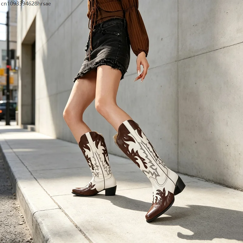 Women's Retro Embroidery High Tube Boots Brown White Patchwork Fashion Pointed Toe Thick Heel Cosplay Shoes for Party Streetwear