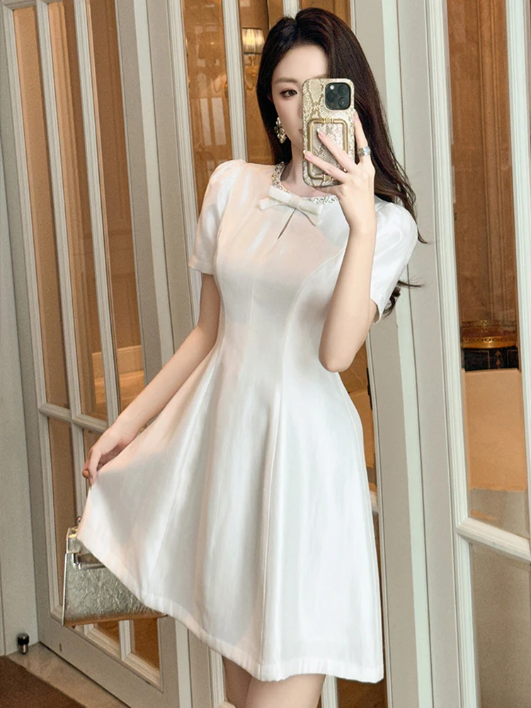 Frauen Französisch Nette Prinzessin Kleid Frau Elegante Schöne Weiße Schleife Hohl Cut Out Blase Hülse Ballkleid Datum Party Vestido Dame