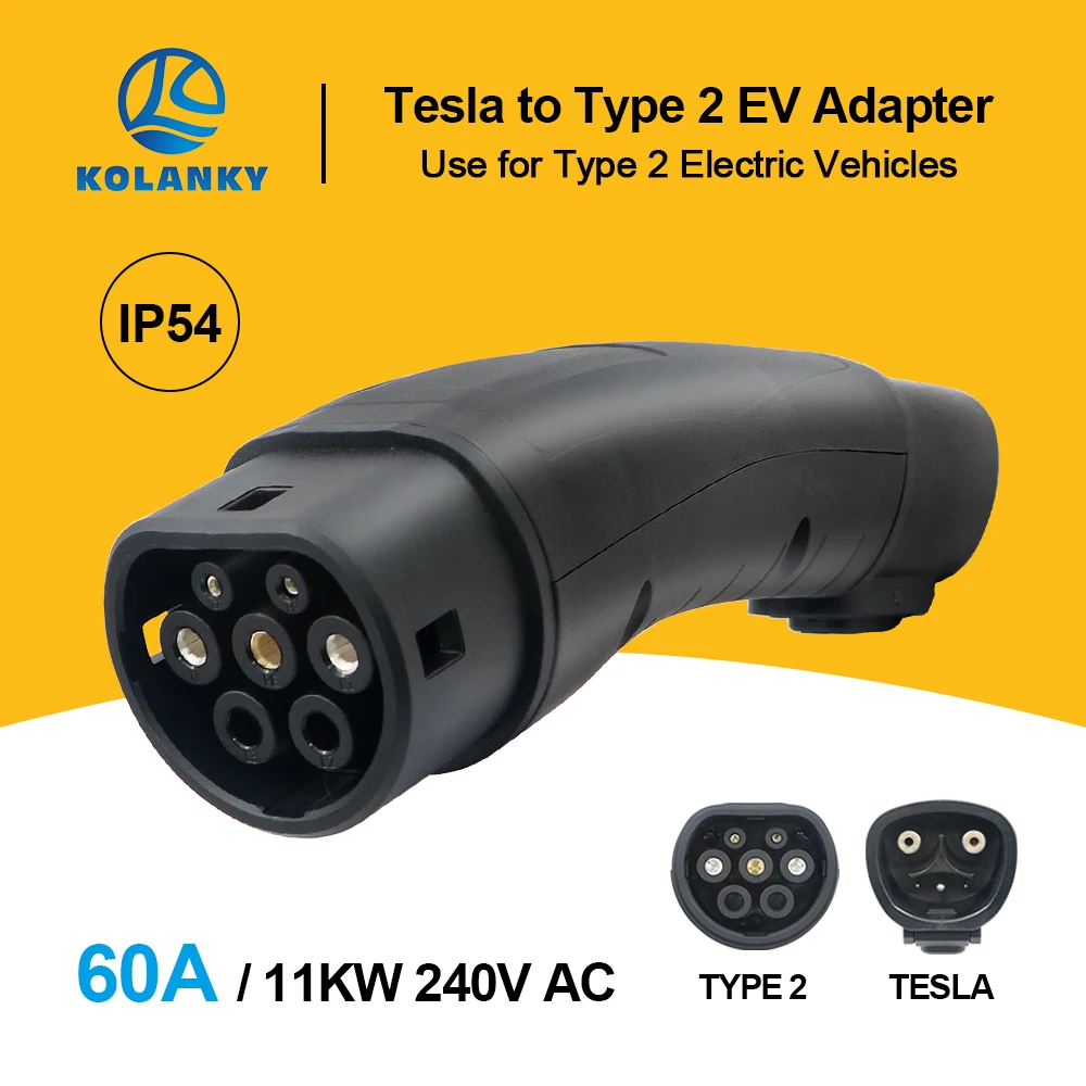 EV Adaptor 60A Max 11KW Fast Charging Tesla To Type 2 AC Charger For Hybrid Eletric Vehicle Car IEC-62169 Standard Socket