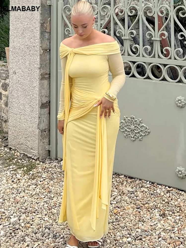 RLMABABY Sexy schulterfreies, gerüschtes, drapiertes Damen-Bodycon-Maxikleid, elegantes, rückenfreies Bandage-Party-gelbes, dünnes langes Kleid
