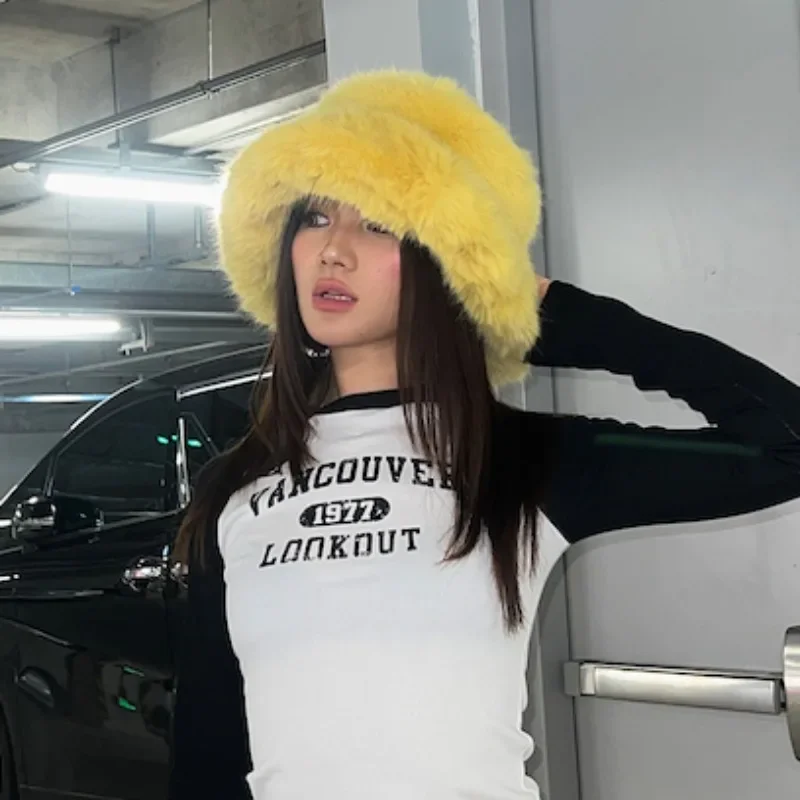 

Ins Bright Yellow Imitation Mink Fur Bucket Hats Women Winter Fluffy Plush Basin Caps Female Advanced Warm Sun Panama Korea New