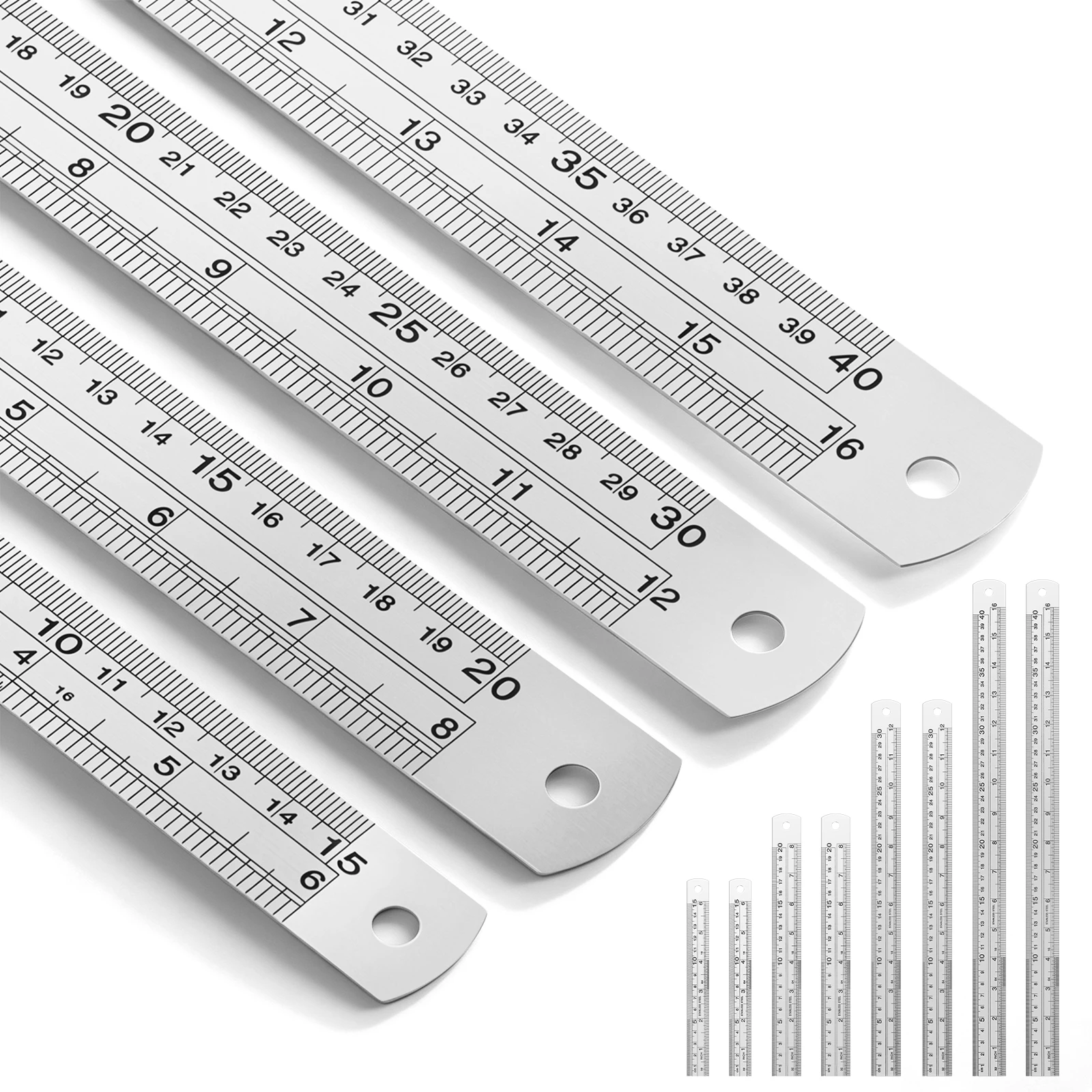 8Pcs Steel Straight Ruler 15/20/30/40cm Metric Imperial Dual Scale Metal Measuring Ruler with Hanging Hole for Drawing Measuring