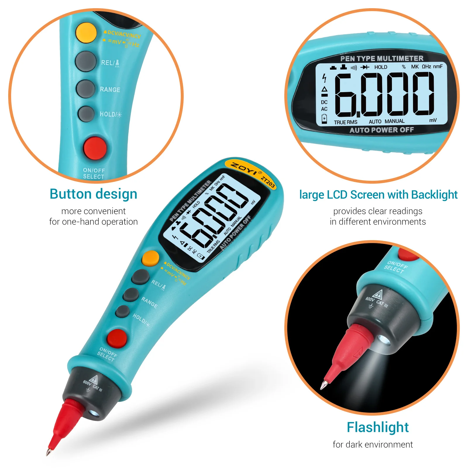 ZOYI ZT203 Digital Multimeter Pen Type Meter 6000 Counts with Non Contact AC/DC Voltage Resistance Capacitance Hz Tester Tool