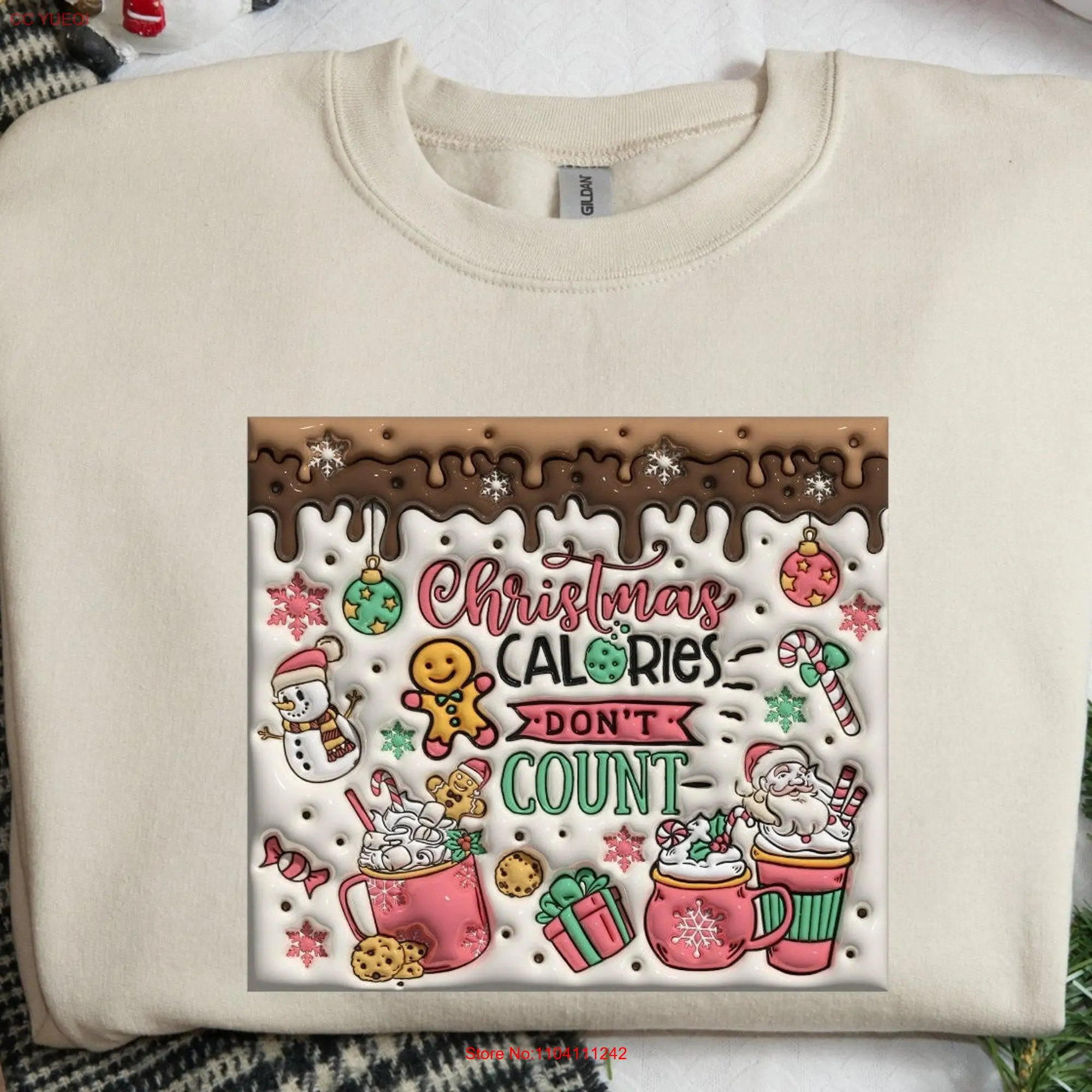 Christmas Calories Don't Count SweaT T Shirt Cookie Sweater Gingerbread Snowman 3D Inflated long or short sleeves