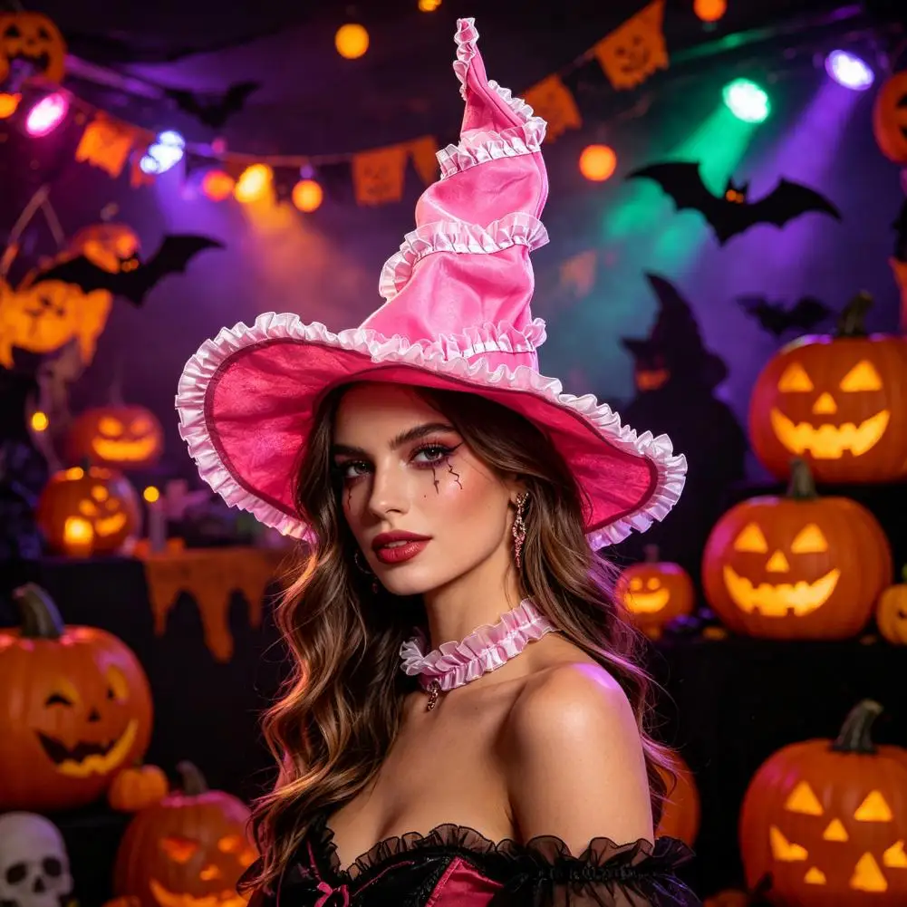 Face Slimming Witch Hat Velvet Witch Hat Women's Large Ruched Witch Hat with Ruffle Flowers Halloween Felt Wizard for Masquerade