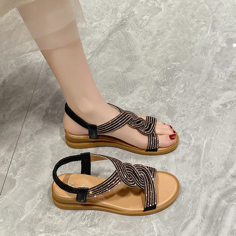 2024 Summer New Sandals Sexy Crystal Women Shoes Wedges Roman Sandals Lady Slippers Female Sandal Elegant Open Toe Women Sandals