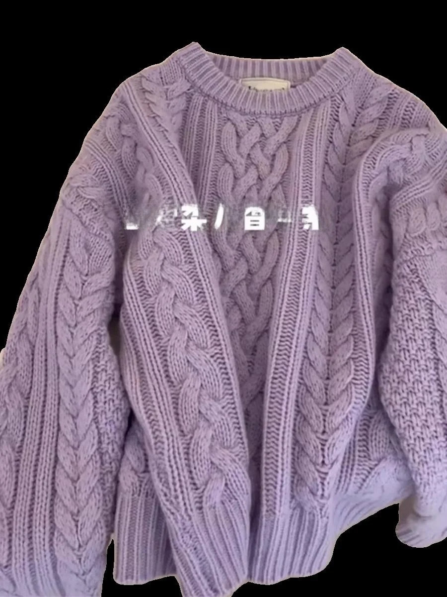 سترة محبوكة بنفسجية اللون للنساء، تصميم سميك للخريف والشتاء، نمط فضفاض وكسول، أكمام طويلة، ياقة مستديرة، بلوفر محبوك #4