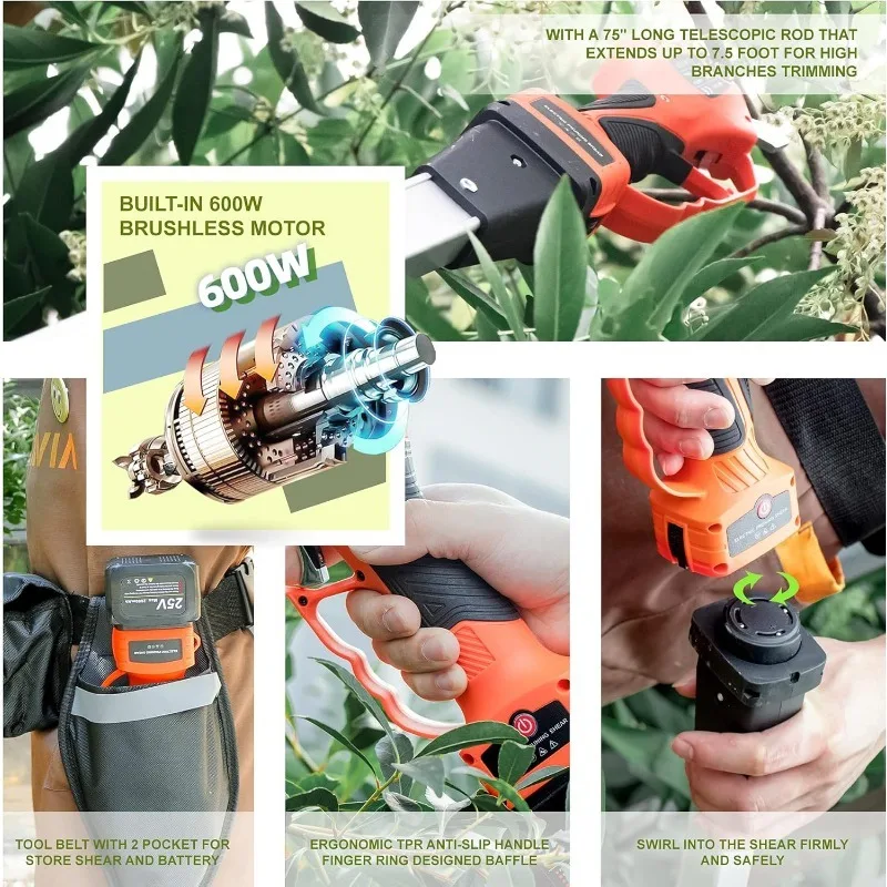 Electric Pruning Shears, Cordless Pruner with 75 Inch Foldable Extension Pole, Tool Belt, 2 Pack 25V Lithium Battery, SK5 Blades