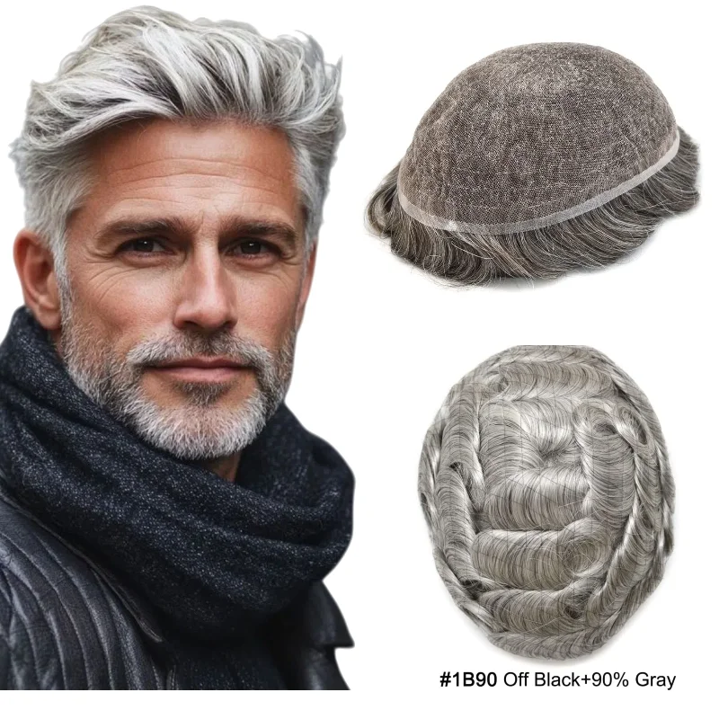 

Парик из человеческих волос 8x10 дюймов, полная кружевная основа для мужчин, серый | Для вождения цветов 1B40 # 613 Удобная одежда