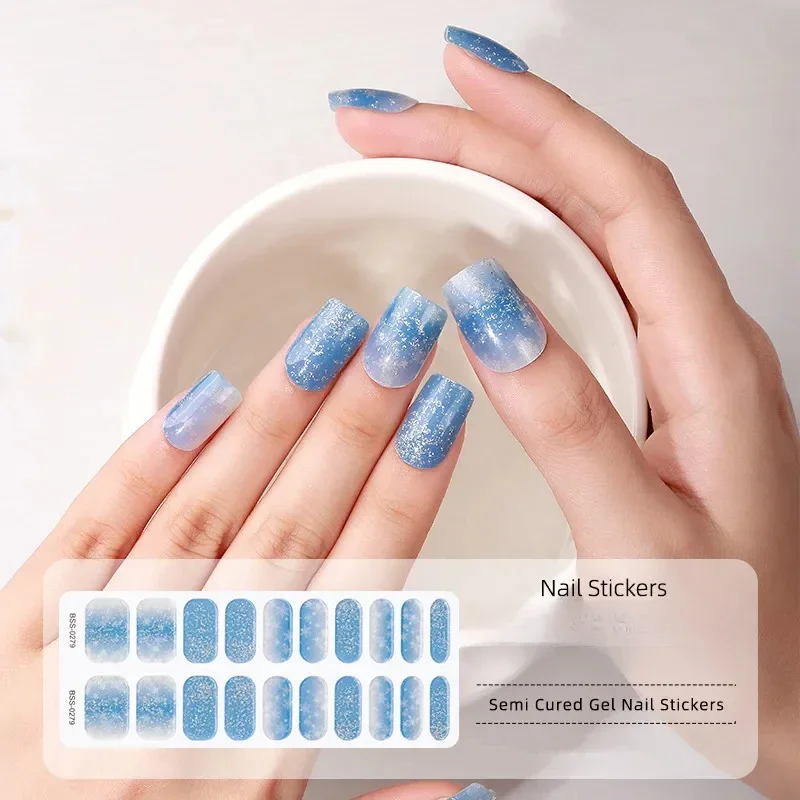 Envolturas de uñas de Gel semicuradas con purpurina de copos de nieve azules, juego de pegatinas de uñas de Gel de larga duración para lámpara UV, necesita arte de uñas