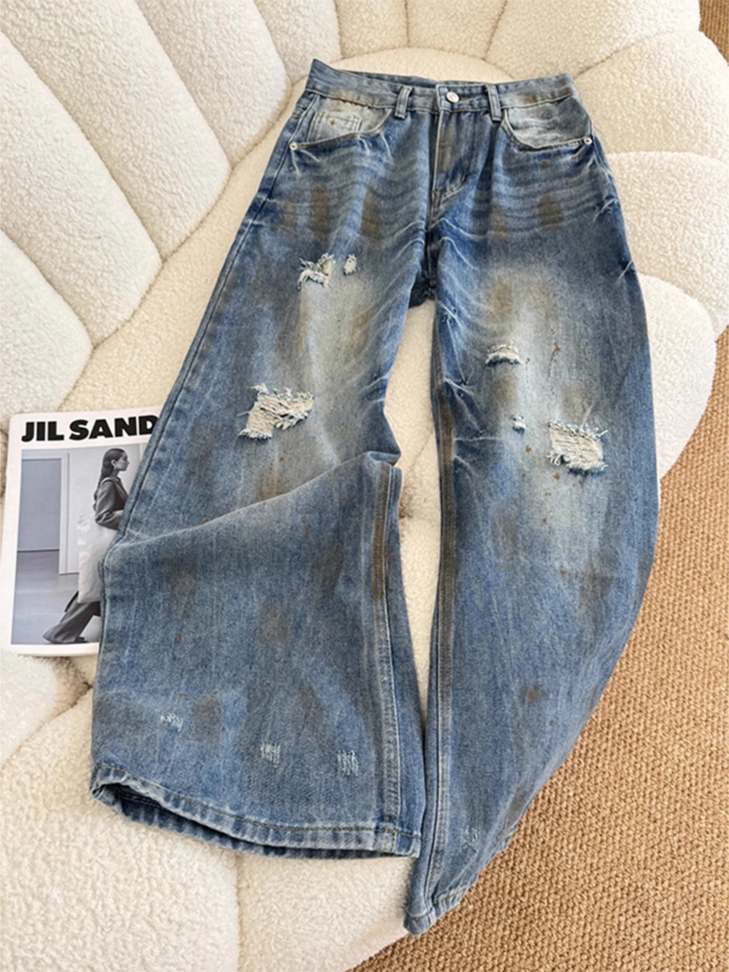 

Cleanfit Vintage Dir Hole Jeans Men Women American High Street Straight Leg Wide Leg Slimming Knife Pants Casual Denim