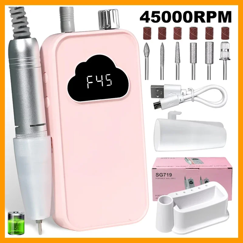 

Profesional 45000RPM Electric Nail Drill Rechargeable Electric Portable Nail Sander File for Gel Nails Polishing Salon Tool