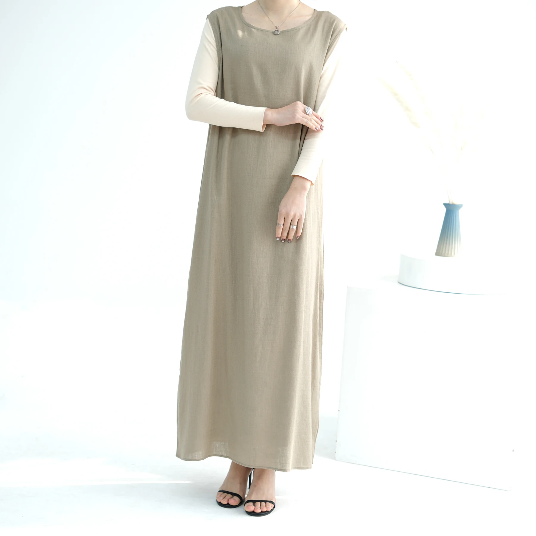 Women Sleeveless Maxi Dress Muslim Under Abaya Dubai Turkey Kaftan Eid Ramadan Islamic Clothing Arabic Robe Bottoms Abayas Gown