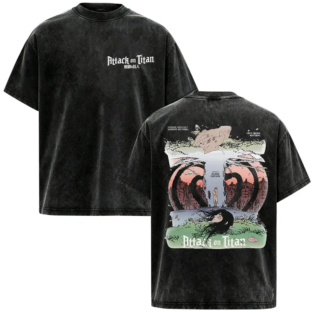 2026 Anime Attack on Titan Vintage Washed T Shirts Men Women Summer Fashion Oversized Cotton T-shirt Y2k Harajuku Clothing Tees
