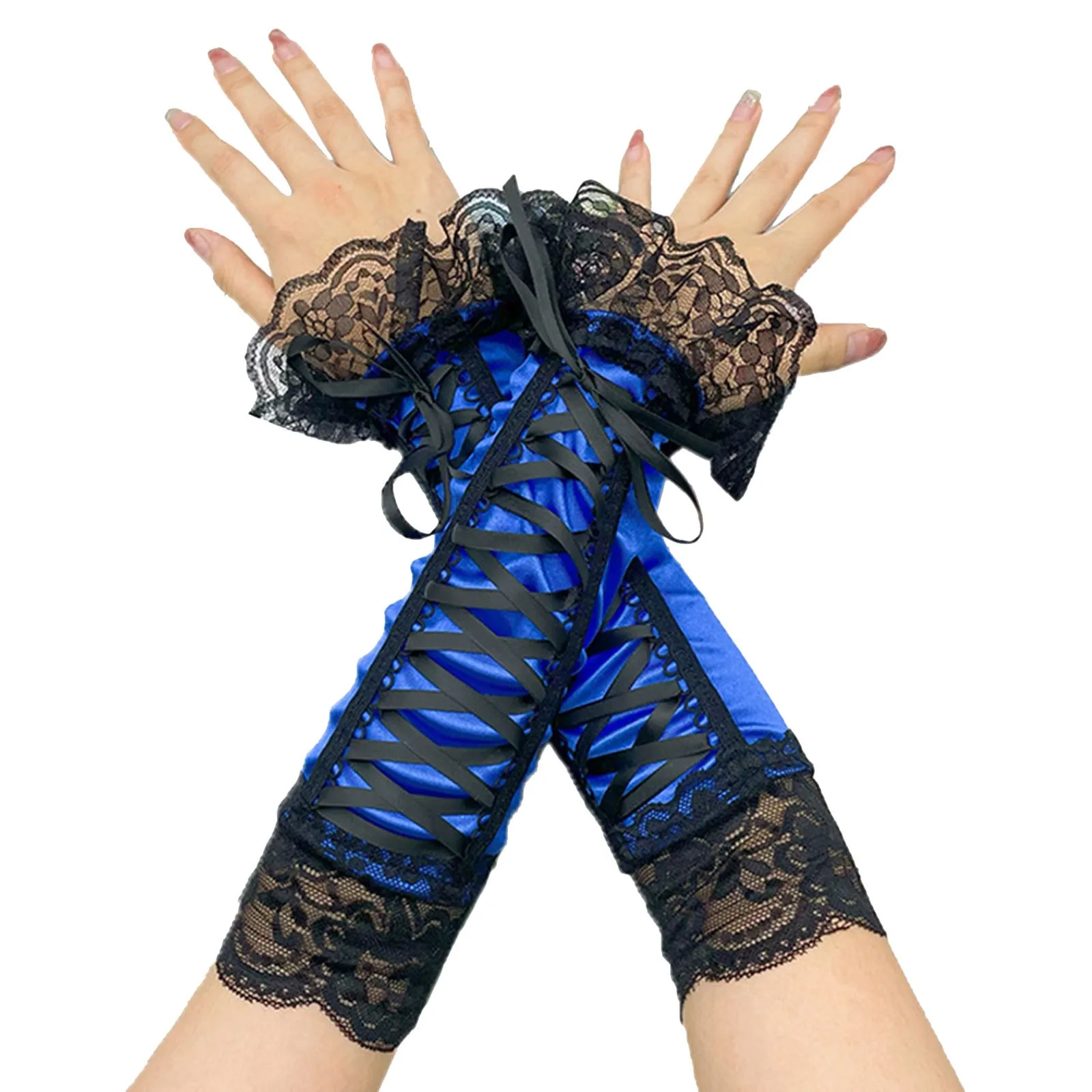 Women Sexy Floral Lace Elbow Length Half-Finger Gloves Black String Ribbon Ties Up Dance Party Fingerless Fishnet Mesh Mittens