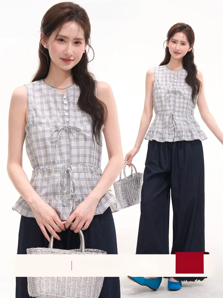 

Sweet And Cool Heme Window Flower Field Cotton No-Sleeve Shirt Women's Summer Top Grid Design Bow Tie Waist Cinched