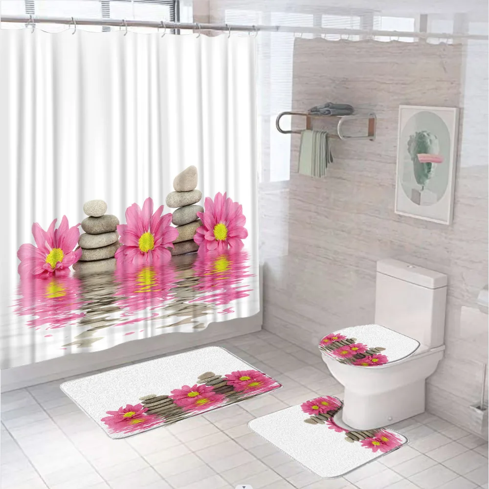 Zen Stones Shower Curtain Sets Rocks Daisy Flower Reflection Bath Screen Bathroom Mat Non Slip U-Shaped Rug Carpet Toilet Cover