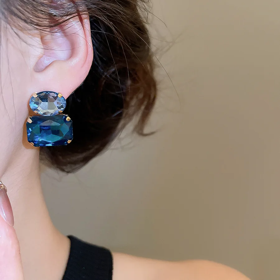 Neue Vintage Blaue Kaffee Quadratische Ovale Strass-Ohrstecker für Damen, Glänzende Kubische Geometrische Ohrstecker für Alltag und Festlichkeiten, Bijoux – Detail 12