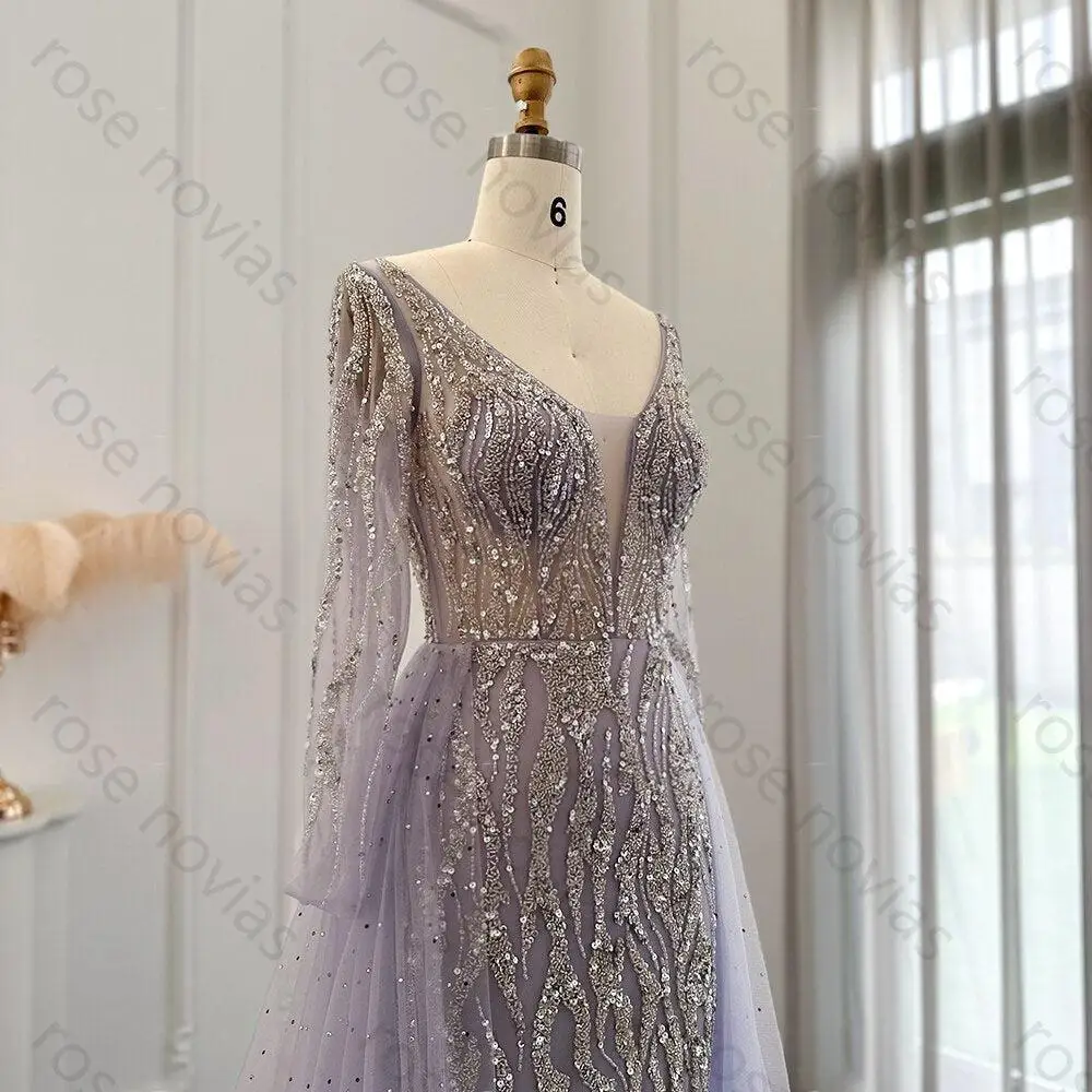 Vestidos de noche personalizados de tul morado, elegantes, de alta calidad, corte en A, cuello en V, tren Watteau con lentejuelas, vestidos de graduación para longitud hasta el suelo