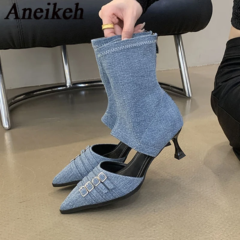 Aneikeh Women Thin Heel Sewing Mid Calf Modern Boots 2025 Denim Pointed Narrow Band Buckle Decorative Hollow Out Sandals Boots