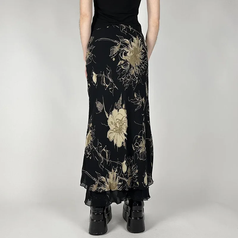 Y2K Aestheics Double Layer Mesh A-line Skirt Women Fashion Florals Print Slim Skirts Fairy Streetwear Gothic Bottoms