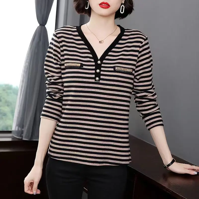 Women\'s Clothing Casual Commute V-Neck Striped Printed T-shirt Fashion Spring Vintage All-match Spliced Long Sleeve Tops Female