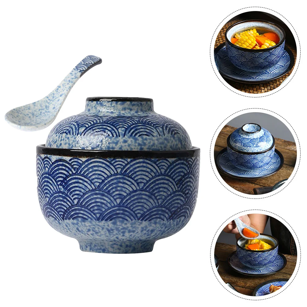 Decorative Bowl Ceramic Stew Pot Bowls with Lids Microwave Ramen Soup Hand-Pulled Noodle Large Serving Japanese