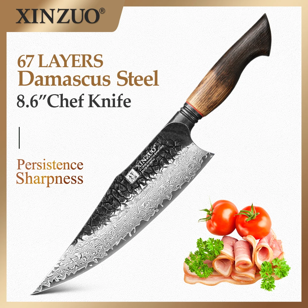 

XINZUO 8,6-дюймовый нож шеф-повара, ручная коровка из дамасской стали, твердость сердечника 60 ± 2HRC, подходит для резки мяса, овощей и фруктов