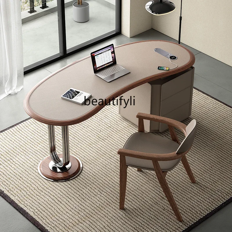 

Vintage Style Saddle Leather Desk Italian Minimalist Home Office Dual-use Desk with Side Cabinet Solid Wood