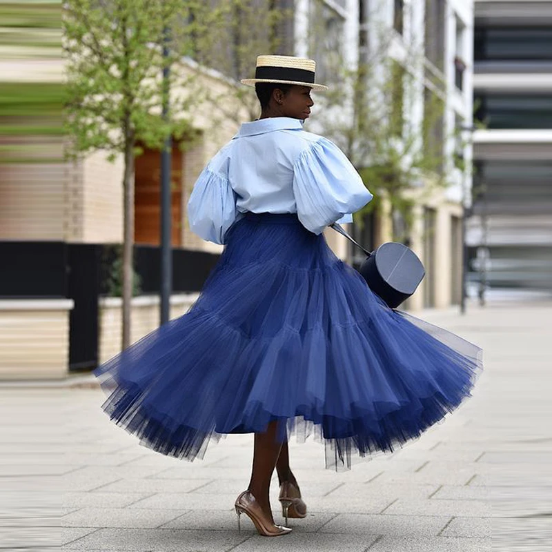 Ankle Length Tulle Skirt  High Waist Navy Blue Tulle Skirts Women Skirt For Photo Shoot  Puffy faldas Birthday Wear