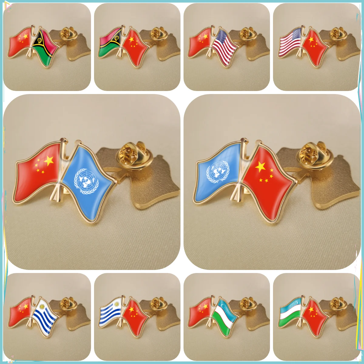 China and United Nations United States Uruguay Uzbekistan Vanuatu Crossed Double Friendship Flags Lapel Pins Brooch Badges