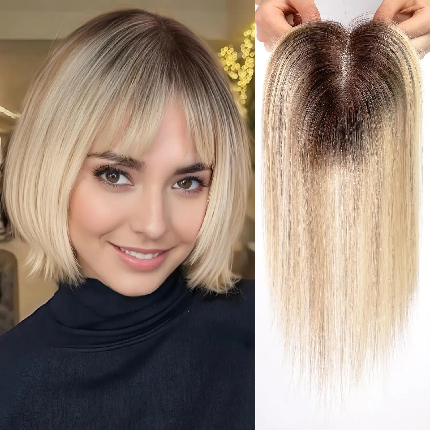 Brown Blonde Highlights Hair Toppers dla kobiet Human Hair Topper z 3 klipsami Swiss Lace Base Ręcznie wiązane 14-calowe treski z grzywką