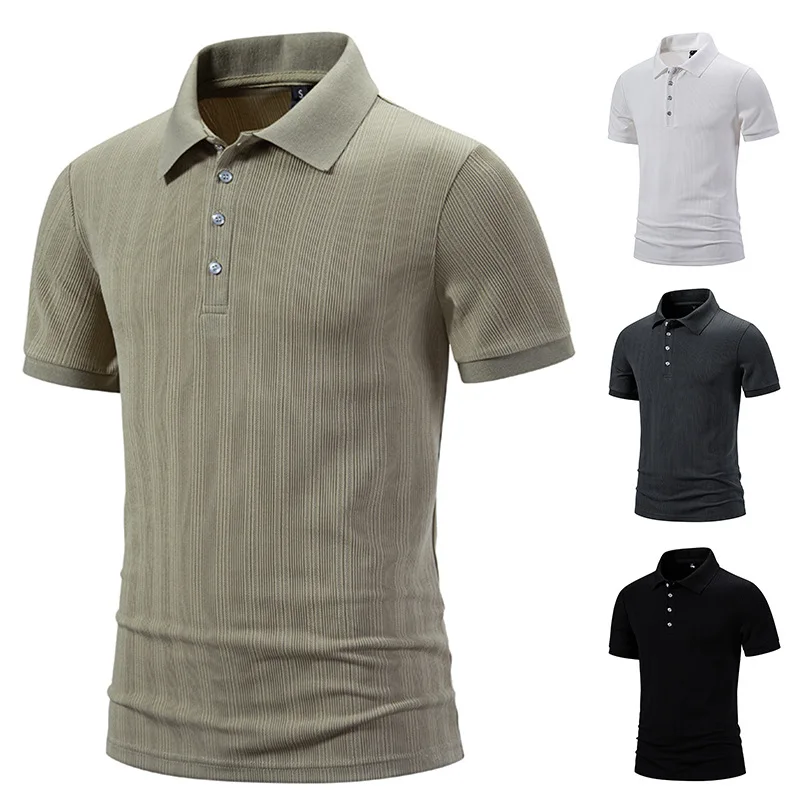 

2024 Summer New Men's Pit Stripe Jacquard Polo Collar Short Sleeved T-shirt Youth Business Leisure POLO Shirt