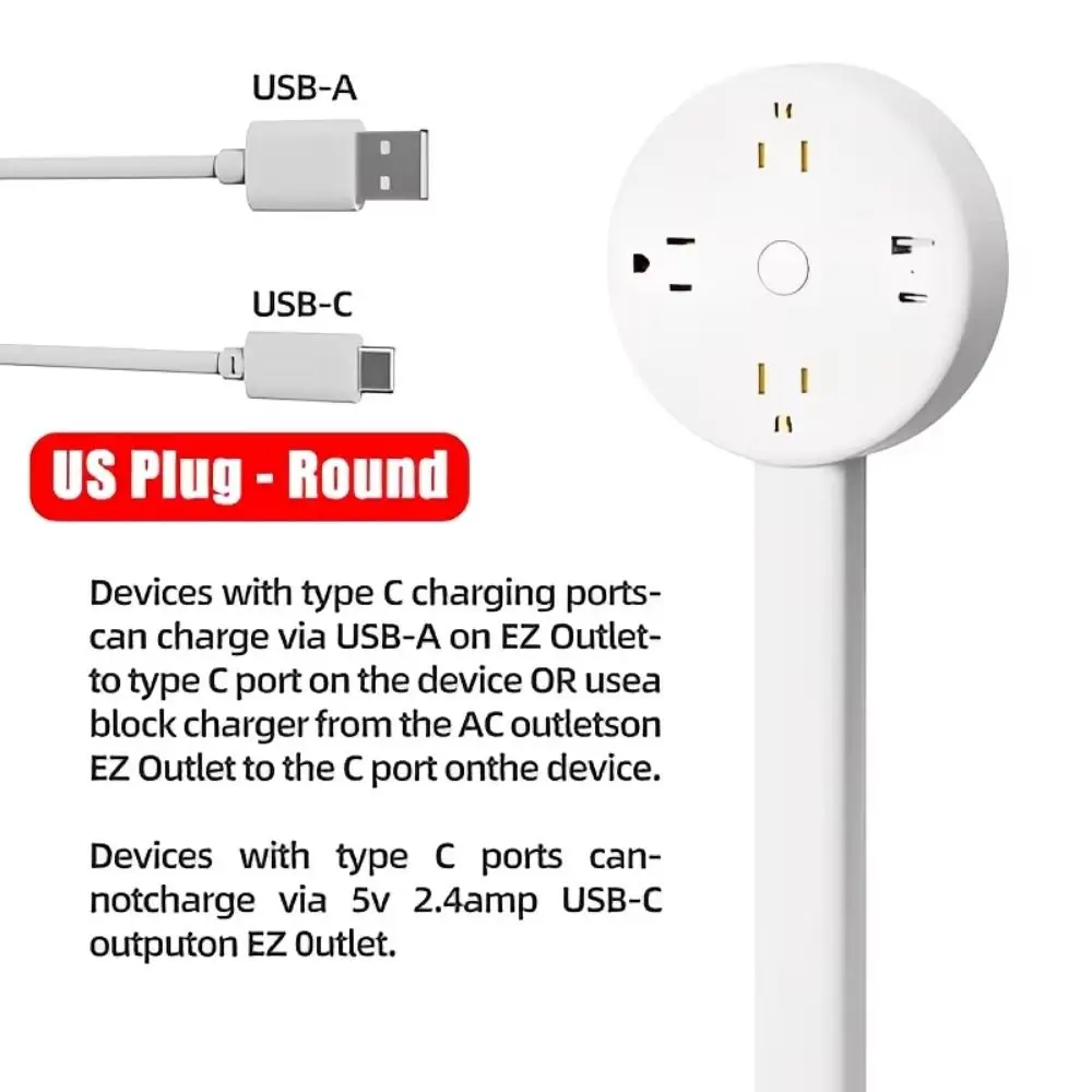 

Adjustable Length Electrical Outlet Extender 180° Swivel Flat Plug Power Outlets Extender Stretchable Plug 2 AC USB-A&C