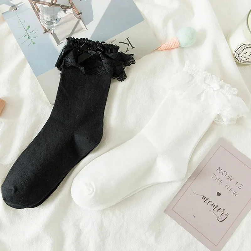 White Socks Women Summer Mid Sleeve JK Uniform Socks Japanese Cute Lolita Fashion High Quality Solid Color Sweet Lace Socks