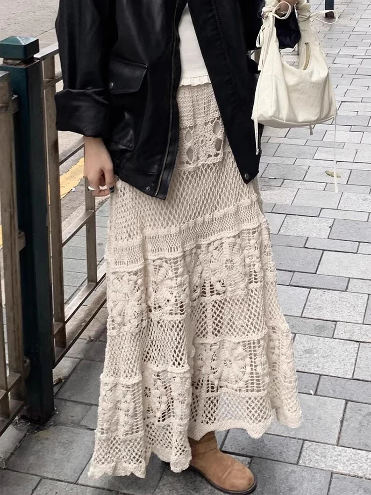 Liangliang Heavy Industry Hollow out Embroidery A-Line  Skirt Women's Spring New Vintage Holiday High Waist Knitted Long ...