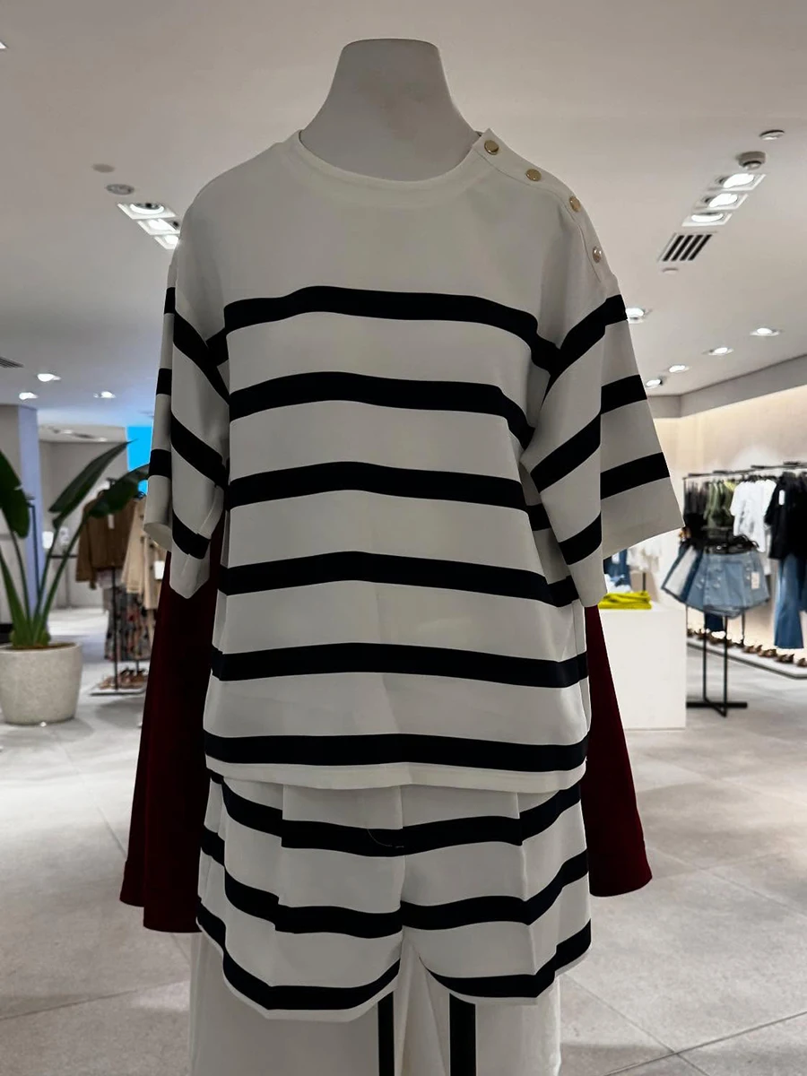 

Classic Striped 2 Piece Set Women Button Crew Neck Short Sleeve T-shirt+Short Pant Summer New Simple Casual Fashion Shorts Sets
